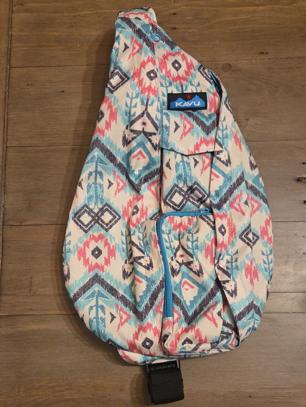 KAVU Rope Sling Bag Island Ikat Polyester Backpack Pink Teal Water Resistant